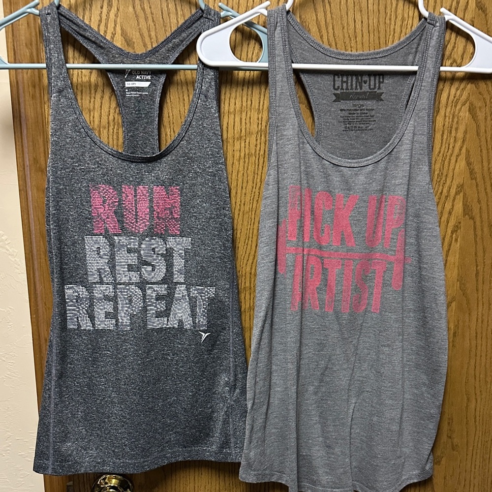 4 for $10 item Chin Up Apparel Women's Gray Racerback Tank Top with Pink Graphic